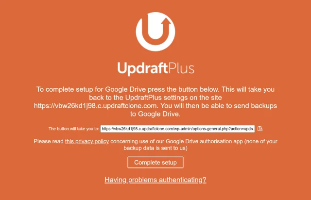 To complete Google cloud setup click the 'Complete setup' button which will redirect you back to UpdraftPlus settings page