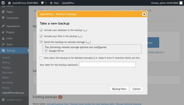 Select 'Google Drive' in a 'Perform a backup' dialogue to take a new backup