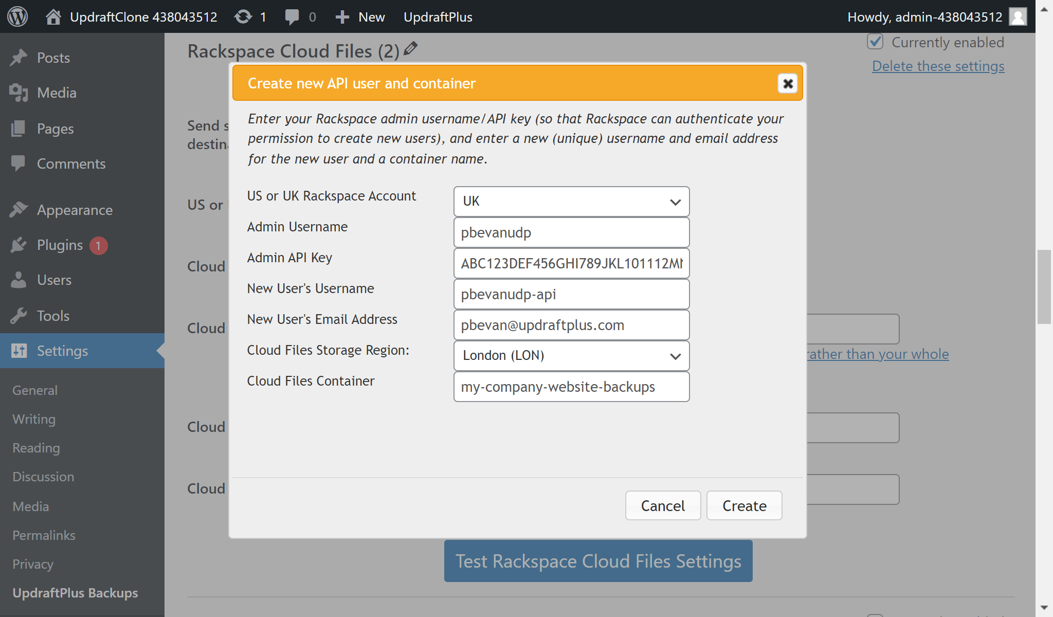 In the 'Create new API user and container' dialogue enter your details, then select 'Create' button