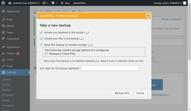 Select 'Rackspace Cloud Files' in a 'Perform a backup' dialogue to take a new backup