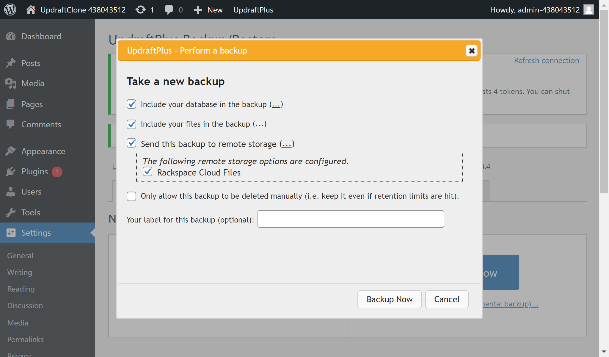 Select 'Rackspace Cloud Files' in a 'Perform a backup' dialogue to take a new backup