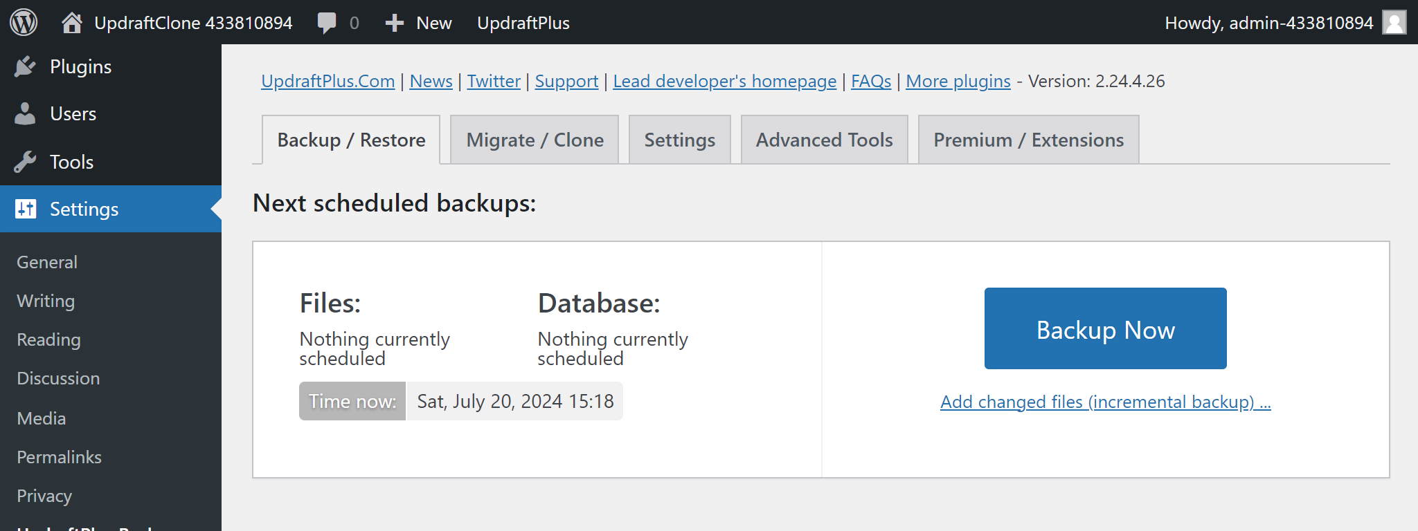 UpdraftPlus Backup/Restore page