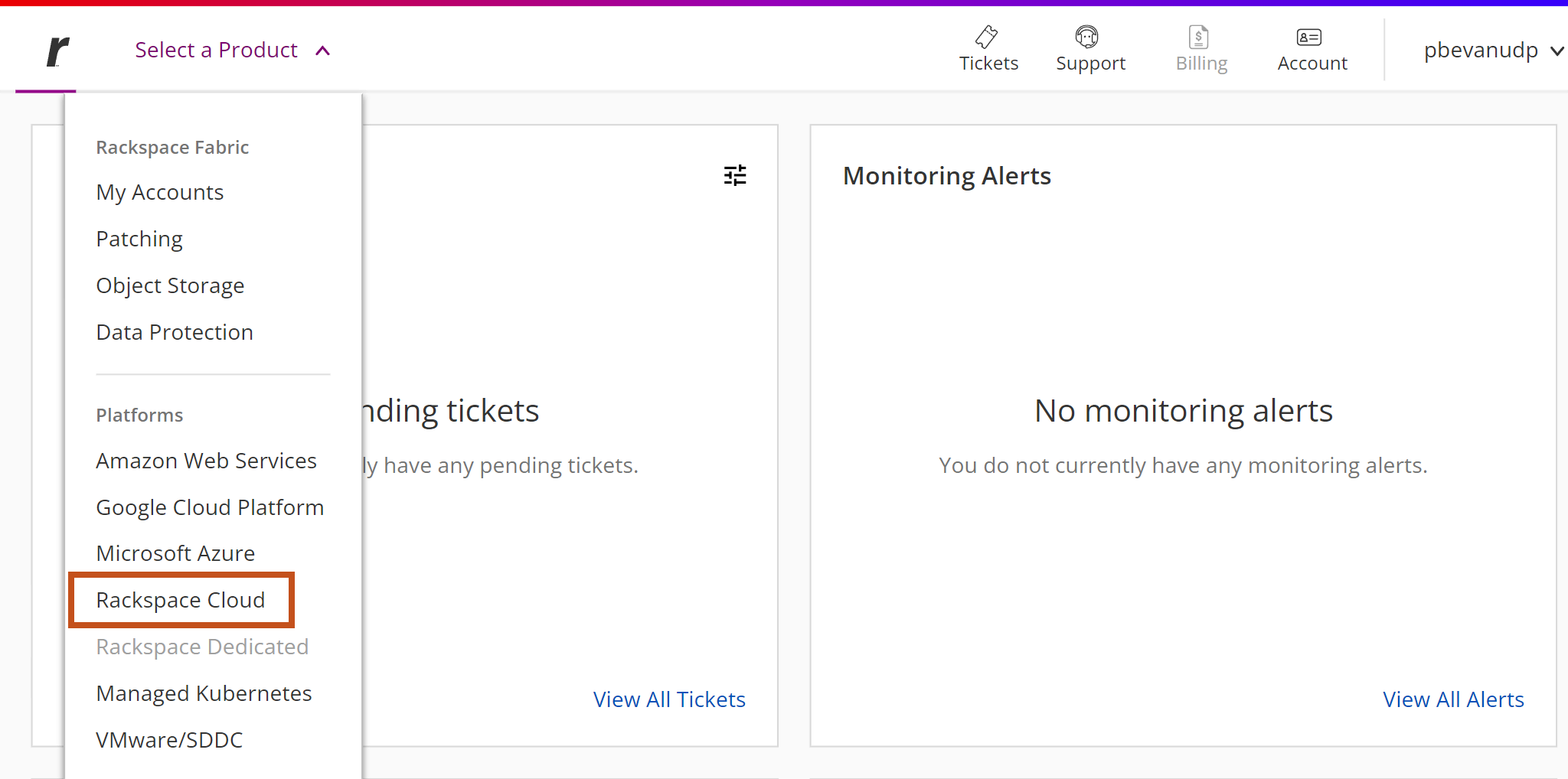 In the 'Select a Product' dropdown select 'Rackspace cloud'