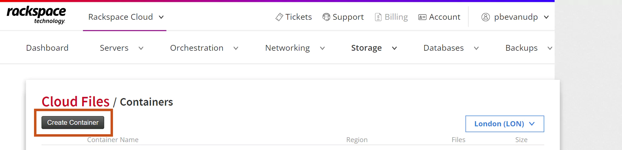 In the Rackspace 'Storage' page select 'Create container' button