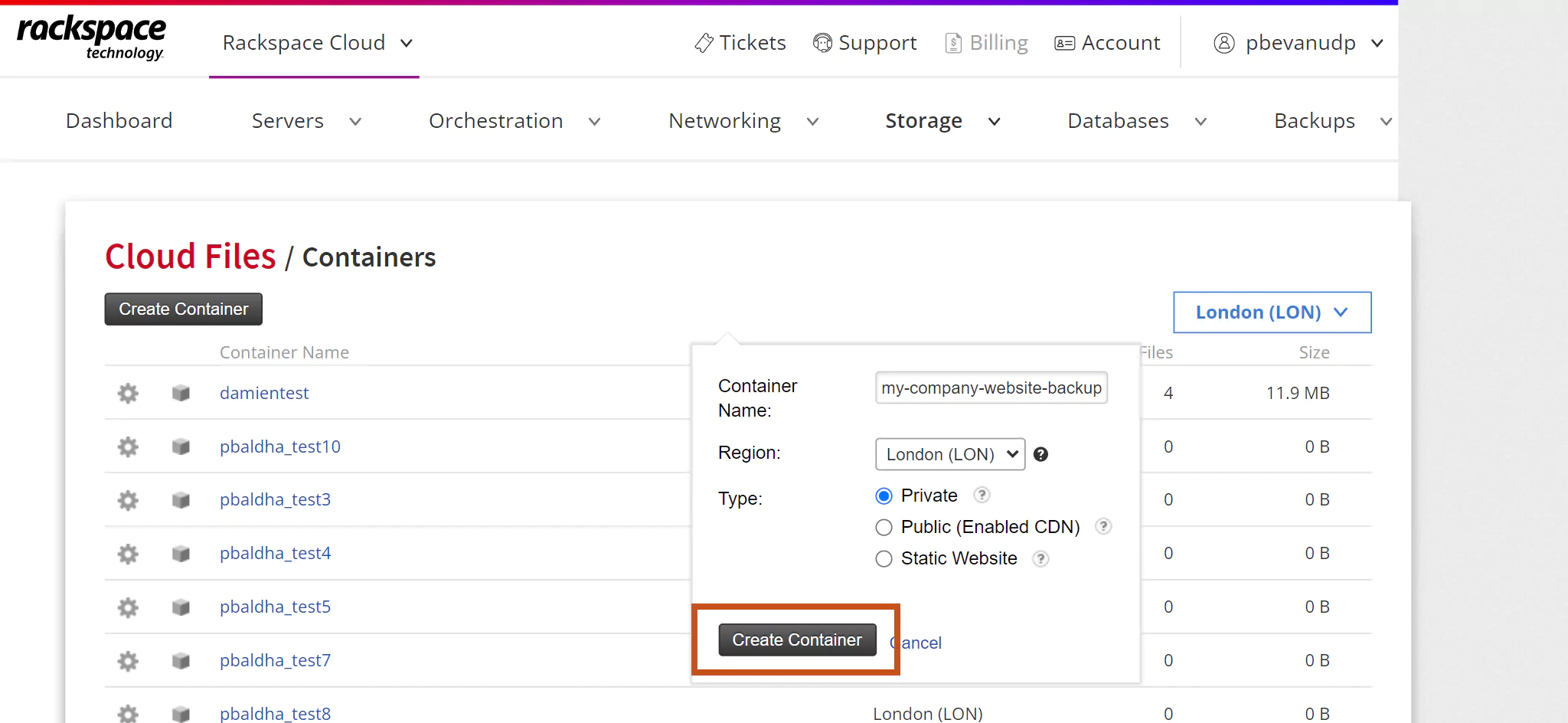 In the 'Create container' pop-up, enter container name, region and choose type, then select 'Create container' button