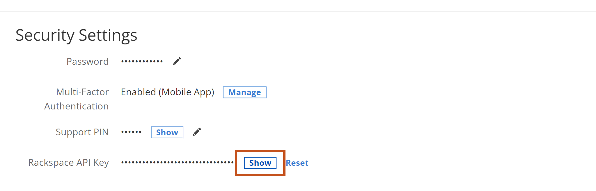 In 'Security settings' section select 'Show' button for the 'Rackspace API Key'