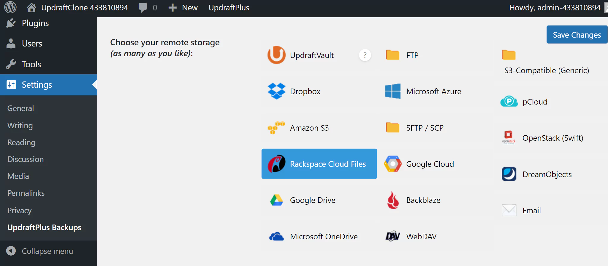 In the the 'Choose your remote storage' section, select Rackspace Cloud Files