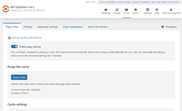 WP Optimize 'Page cache' tab options