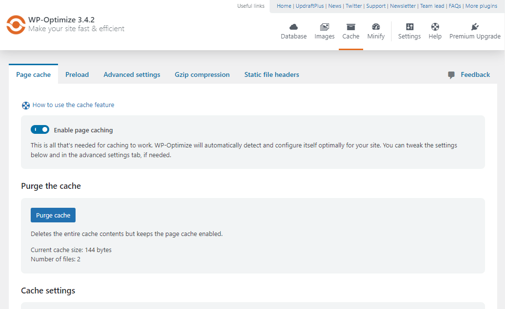 WP Optimize 'Page cache' tab options