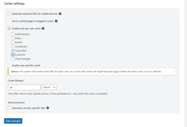 WP Optimize 'Cache settings' page options