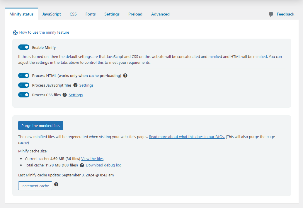 WP Optimize 'Minify status' tab options