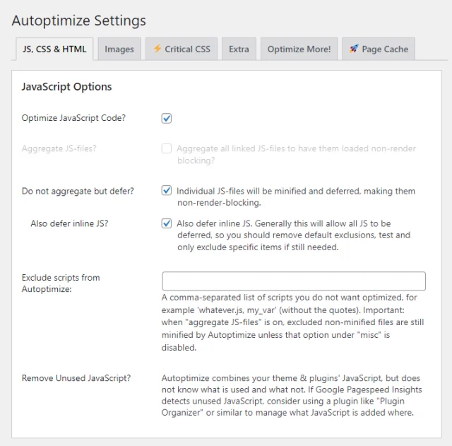 Autoptimize 'JS, CSS & HTML' tab options