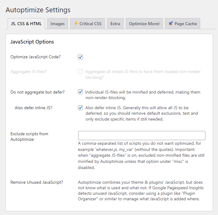 Autoptimize 'JS, CSS & HTML' tab options