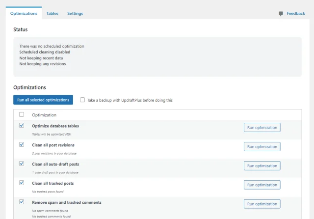 WP Optimize 'Optimizations' tab options and status