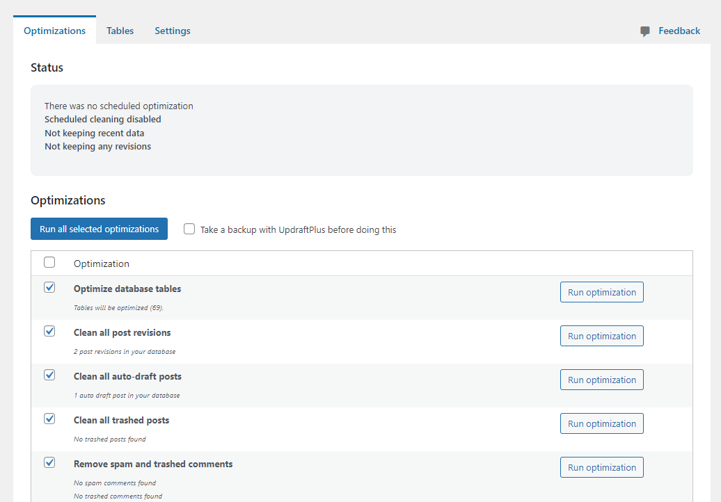 WP Optimize 'Optimizations' tab options and status