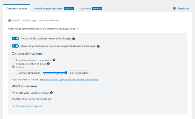WP Optimize 'Compress images' tab options