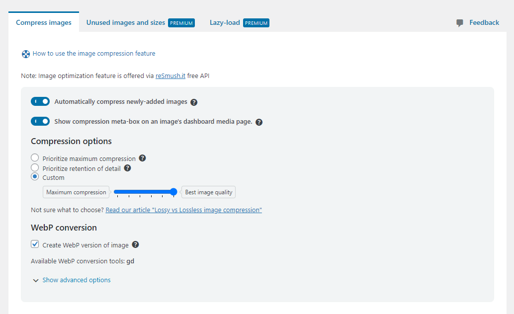 WP Optimize 'Compress images' tab options
