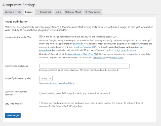 Autoptimize 'Images' tab image optimizations options