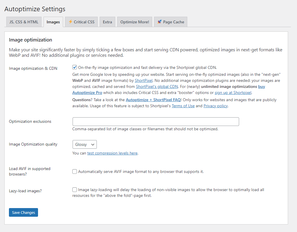 Autoptimize 'Images' tab image optimizations options