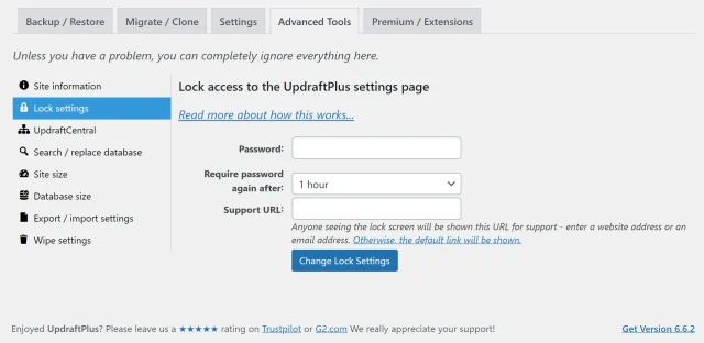 In the 'Advanced tools' section go to 'Lock settings' in the side bar and add password, then select 'Change Lock Settings' button