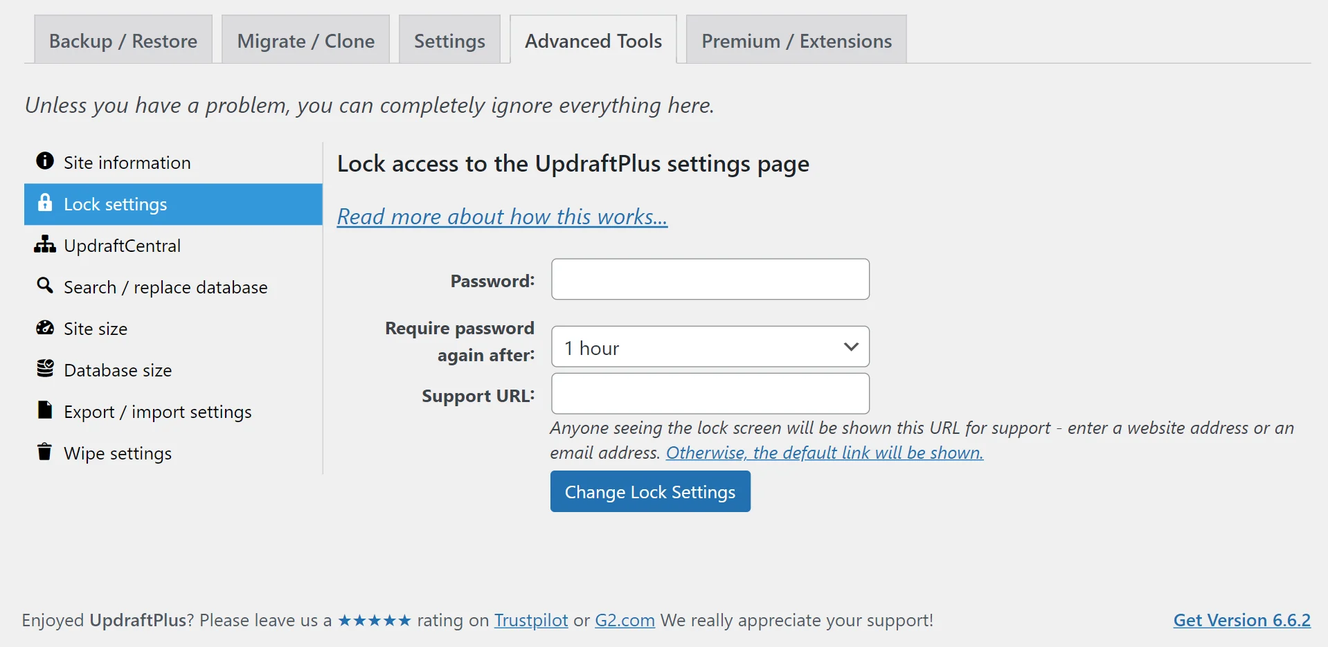 In the 'Advanced tools' section go to 'Lock settings' in the side bar and add password, then select 'Change Lock Settings' button
