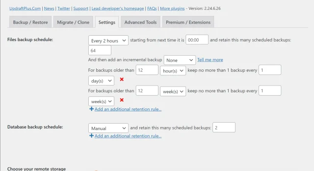 Updraft Plus 'Settings' tab options