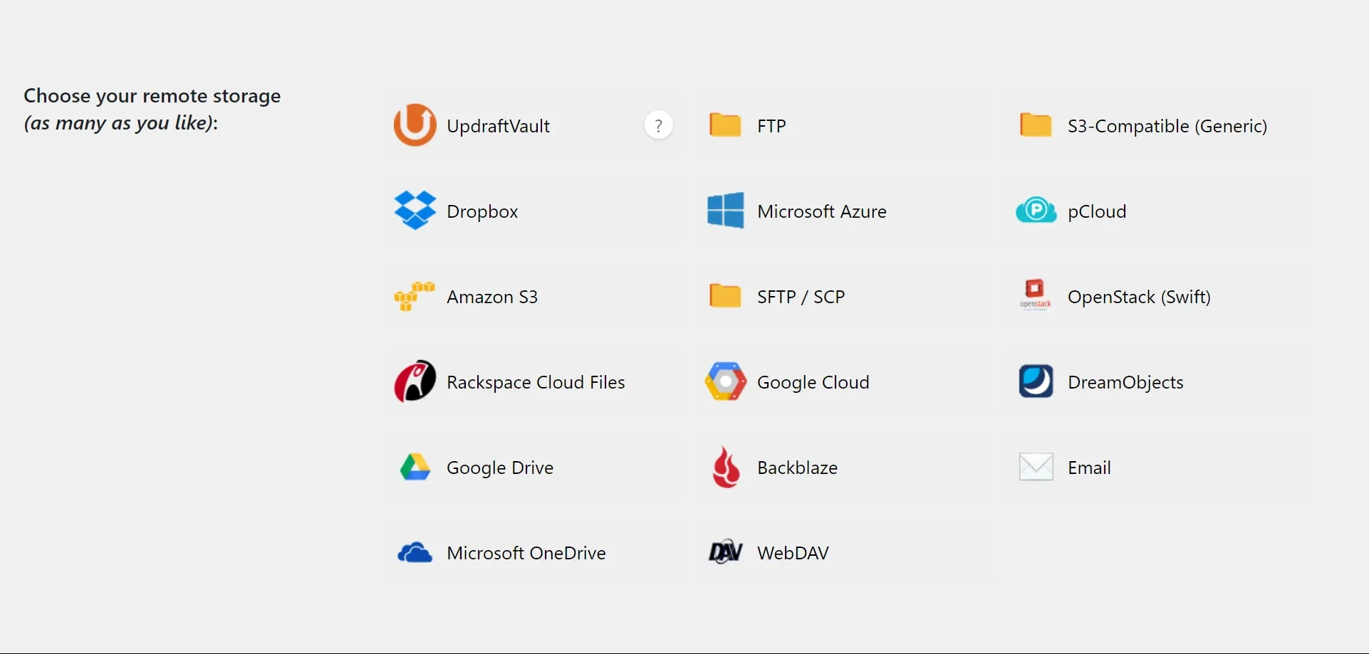 UpdraftPlus Storage options