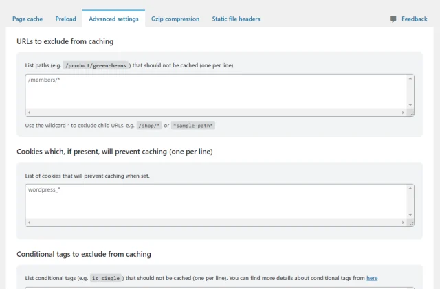WP Optimize cache 'Advanced settings' tab options