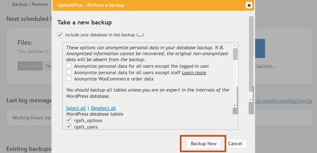 In the 'Perform a backup dialogue, select 'Back up Now' button to take a new backup