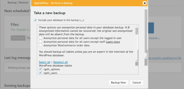 In the 'Perform a backup' dialogue, select the '...' button, and choose the data you would like to anonymize