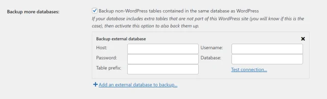 In the 'Backup more databases' option select the 'Add an external database to backup' button