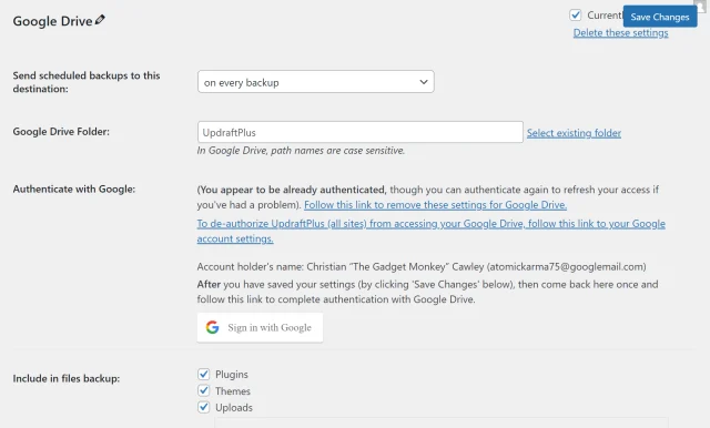 UpdraftPlus Google Drive page options