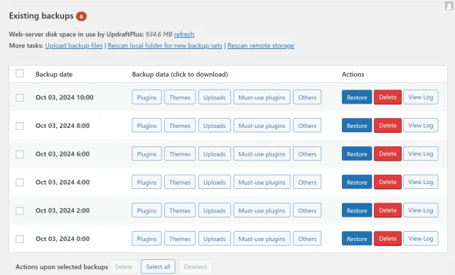 UpdraftPlus Existing backups page