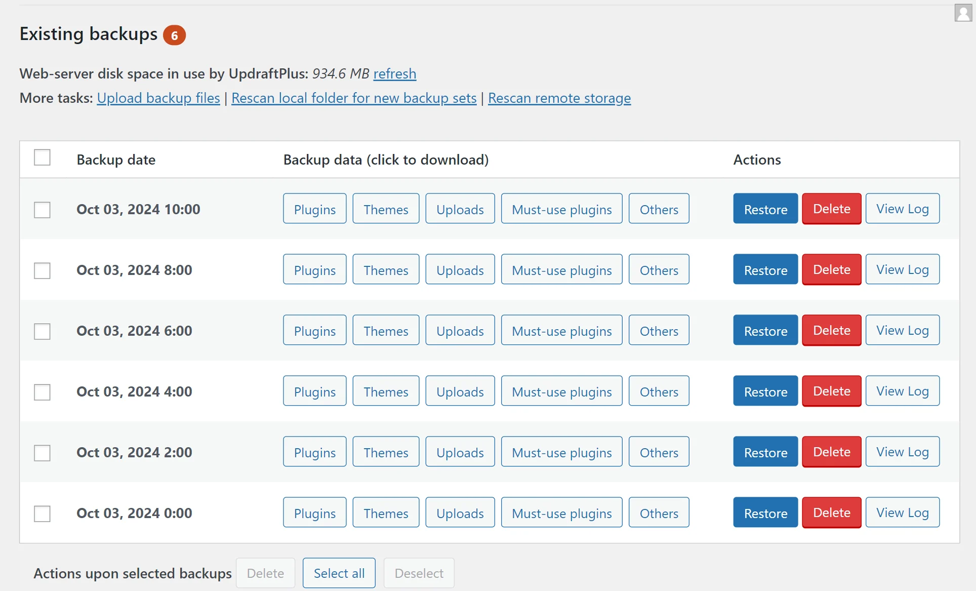 UpdraftPlus Existing backups page