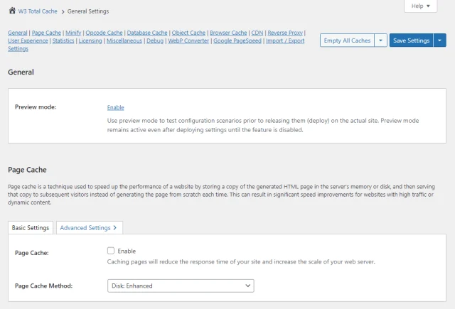 W3 Total Cache 'General settings' page