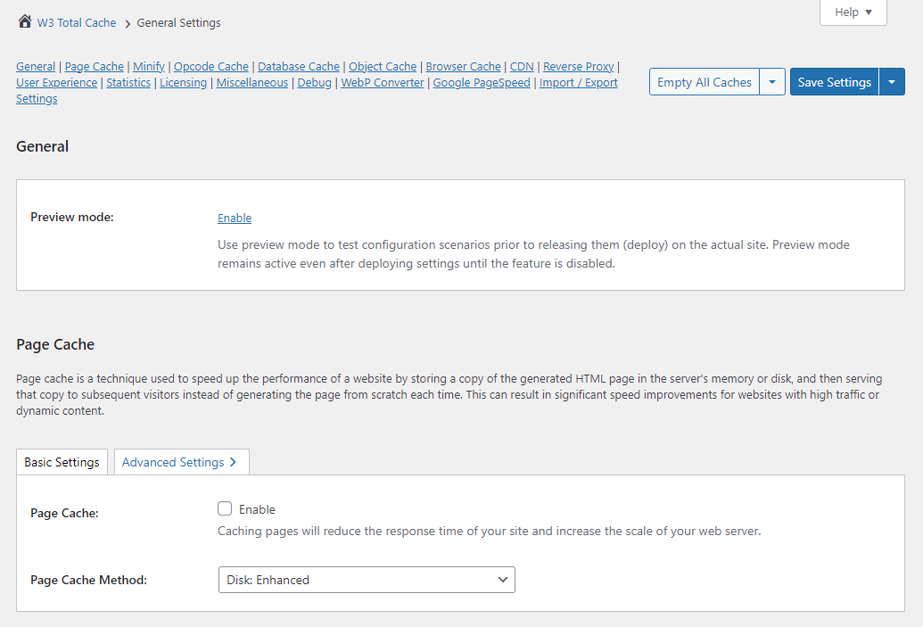 W3 Total Cache 'General settings' page
