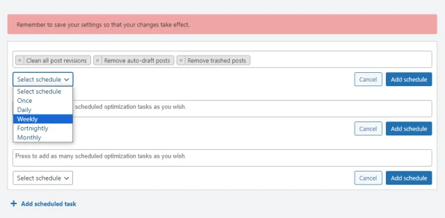 WP optimize database scheduling dropdown options