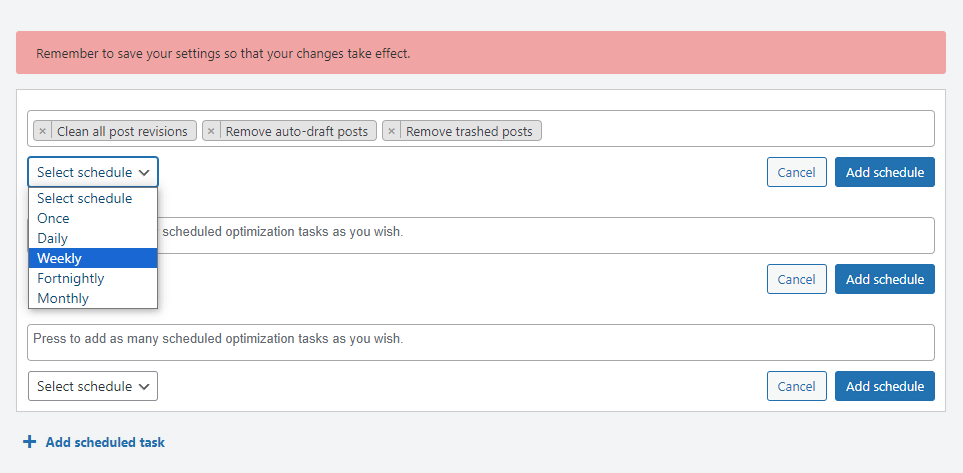WP optimize database scheduling dropdown options