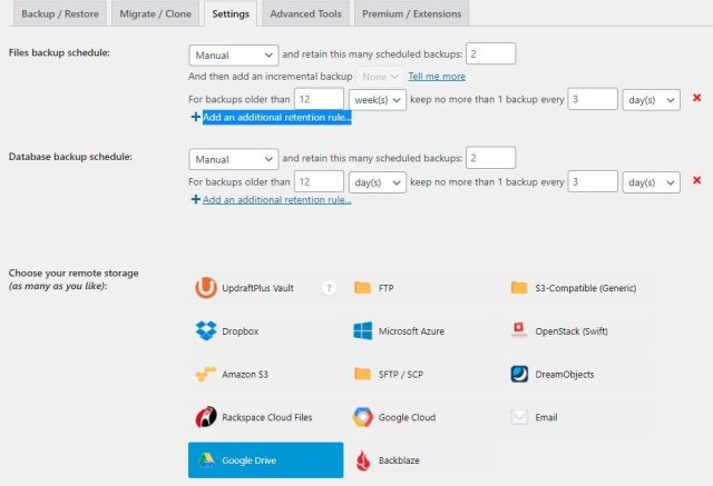 In the section 'Files backup schedule' select on 'Add additional retention rule', then choose your remote storage