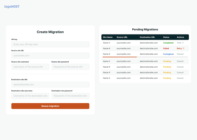 'Create migration' dialogue with empty input fields next to a list of sites that are pending migrations, and their status