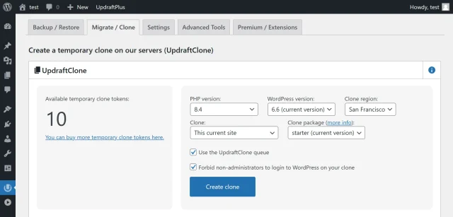 UpdraftClone PHP version details