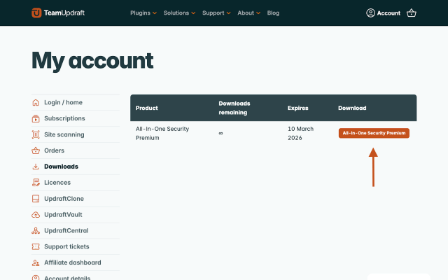 AIOS premium in the downloads of the TeamUpdraft account page