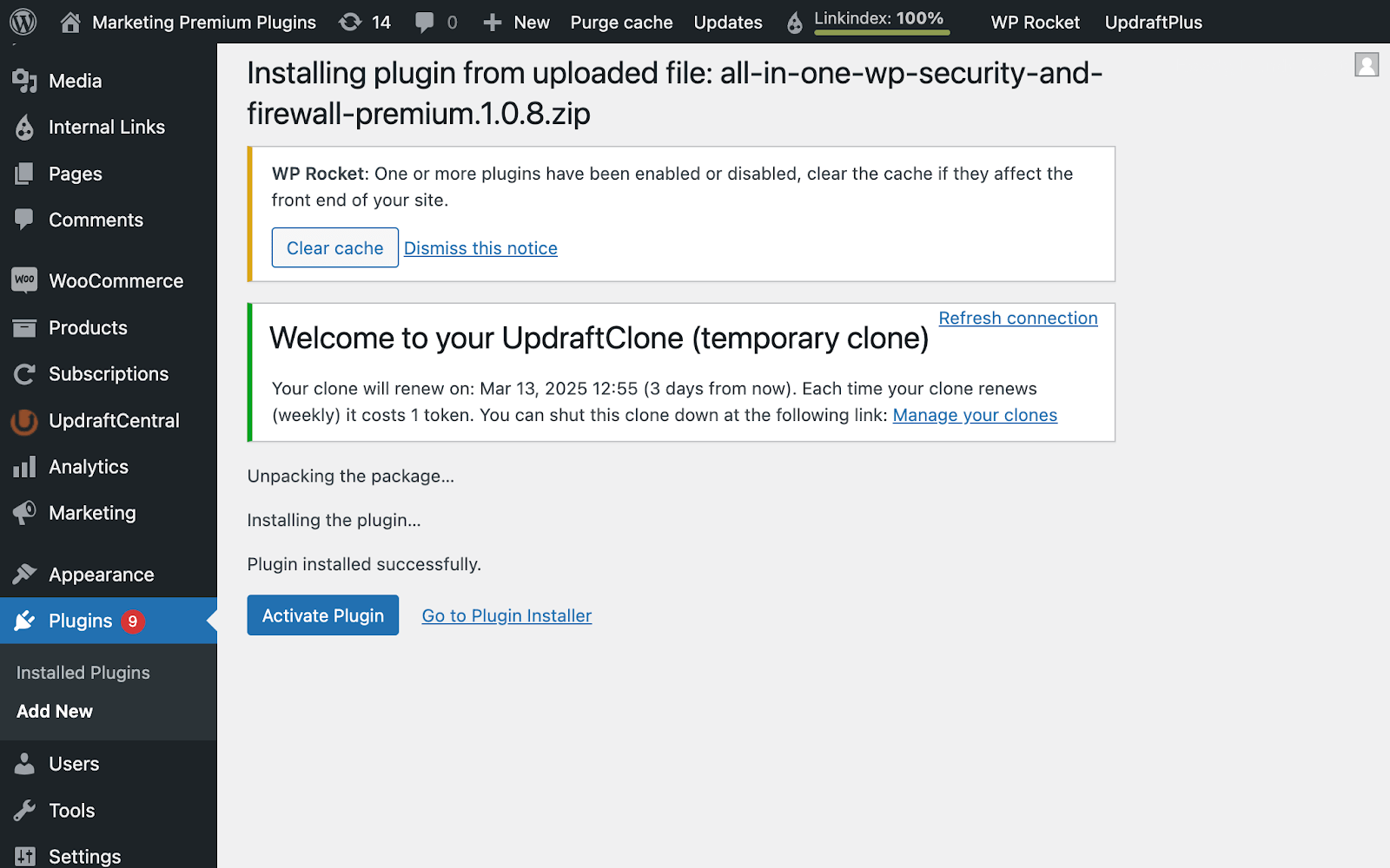 Activate your new plugin on the WordPress dasboard