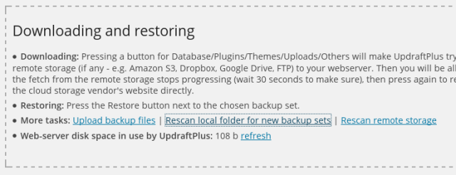 'Rescan Local Folder for Backup Sets' option in the UpdraftPlus plugin settings.
