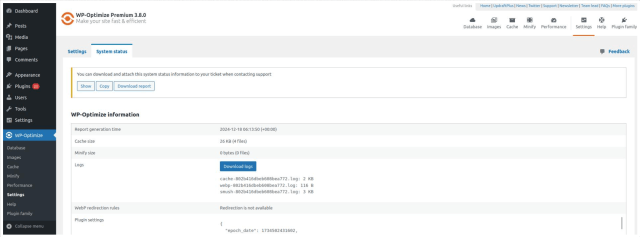 Screenshot of the System Status page in WP-Optimize settings, displaying key performance data and configuration details.